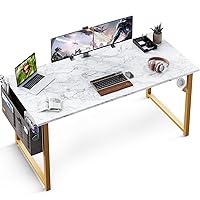 ODK Computer Writing Desk 55 inch, Sturdy Home Office Table, Work Desk with A Storage Bag and Headphone Hook, White Marble + Gold Leg