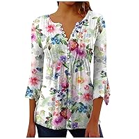 Women's Floral Print Blouse 3/4 Sleeve Button Down Henley Shirt Fall Trendy Cute Graphic Tunic Top Casual Loose Tees