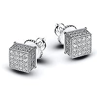 14K White Gold Plated Round Cut AAA Cz Diamonds Small Micro Pave Set 3D Square Studs Earrings With Screw Back
