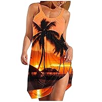 Hawaiian Dresses for Women Ocean Coconut Palm Trees Sunset 3D Graphic Print Beach Sundress Summer Sleeveless Tank Mini Dress