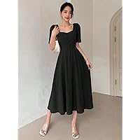 Solid Puff Sleeve -line Dress