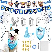 Dog Birthday Party Supplies, Dog Birthday Bandana Boy Blue Dog Birthday Hat with Numbers, Dog Birthday Banner LETS PAWTY and WOOF Balloons for Dogs Party Supplies Decorations