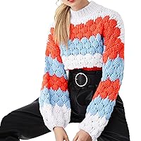 Sweaters for Women 2021 Colorblock Sweater Women Casual Loose Round Neck Pullover Puff Sleeve Sweater (Color : Red, Size : Small)