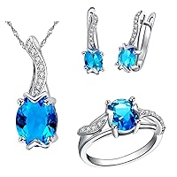 Oval Cut Blue Red Purple AAA Cubic Zirconia Pendant Necklace Earrings and Ring Crystal Wedding Engagement Jewelry Set for Women Girls T233