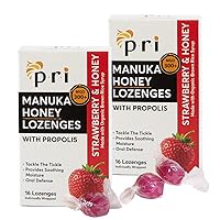 PRI Manuka Honey Lozenges with Propolis, Soothing Cough and Throat Drops, MGO 300+ Certified (Strawberry, 16 Count/2 Pack)