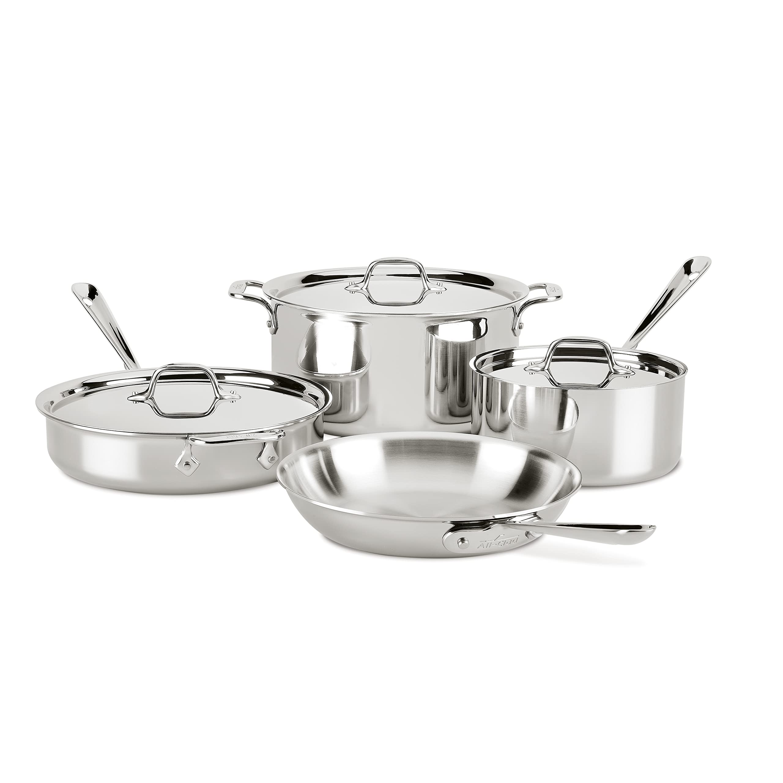 All-Clad D3 3-Ply Stainless Steel Cookware Set 7 Piece Induction Oven Broil Safe 600F Pots and Pans,Silver
