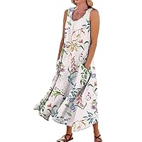 Womens Sundresses for Beach Vacation Bohemian Dress for Women 2024 Floral Print Casual Loose Fit Linen with Sleeveless U Neck Pockets Dresses Green Medium