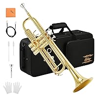 Bb Standard Trumpet Set for Beginner, Brass Student Trumpet Instrument with Hard Case, Cleaning Kit, 7C Mouthpiece and Gloves, ETR-380, Golden