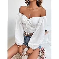 Women's Tops Women's Shirts Off Shoulder Knot Front Crop Blouse Women's Tops Shirts for Women (Color : White, Size : Small)