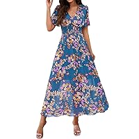 Floral Dress for Women, Women's Bohemian Long Flowing V Neck Short Sleeve Waisted Summer Dresses Maxi, S XL