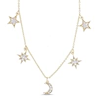 DECADENCE Sterling Silver or Gold Plated High Polished Cubic Zirconia Moon and Stars Necklace, 16