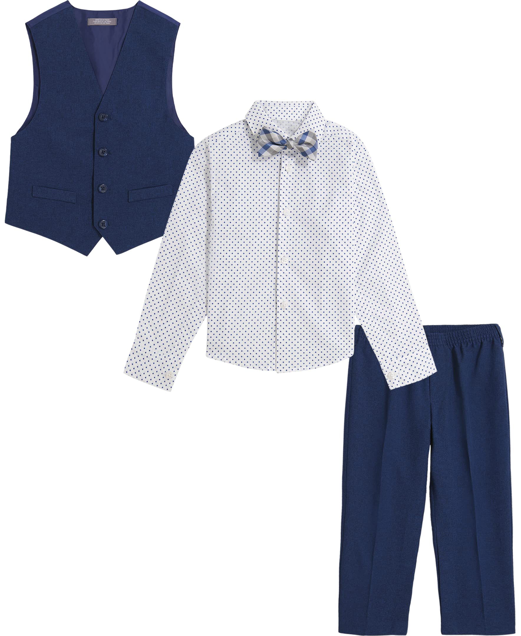 Van Heusen Boys' Adaptive 4-Piece Formal Suit Set, Vest, Pants, Collared Dress Shirt, and Bow Tie with Velcro Closure