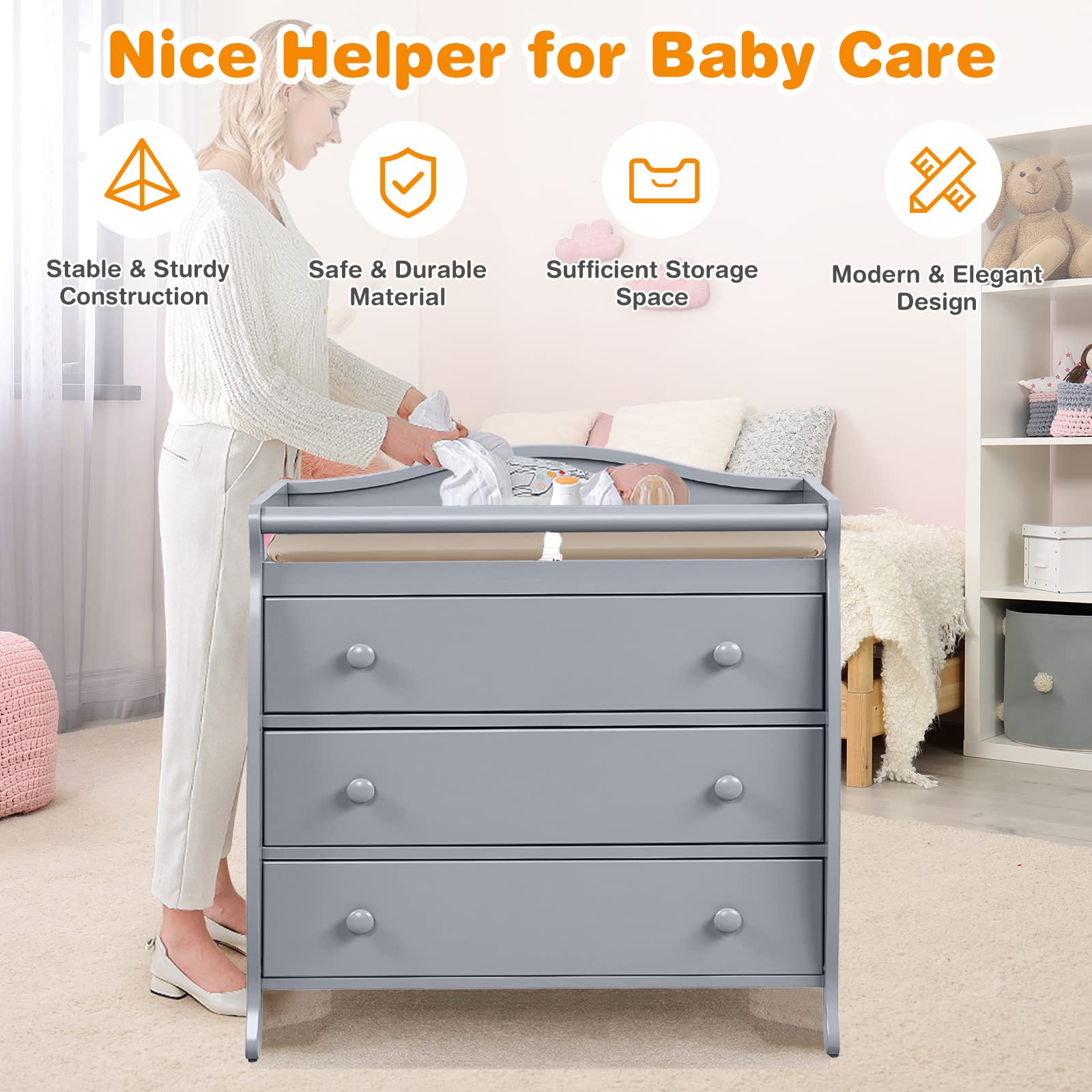 Costzon 3-Drawer Changing Table, Infant Diaper Changing Station with Drawers, Safety Rails & Strap, Baby Changing Table Dresser for Nursery, Easy Assembly (Gray)