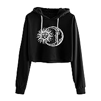 Remidoo Women's Casual Sun and Moon Print Hoodie Long Sleeve Crop Top Sweatshirt