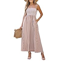 CUPSHE Women's Striped Smocked Sleeveless Dress Pockets Formal Dress Maxi Cami Straps Dress