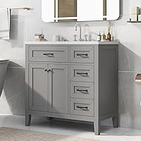 Merax, Grey 36 Inch Bathroom Vanity with Sink Set Combo, Storage Cabinet with Doors and Drawers, Ceramic Basin Top