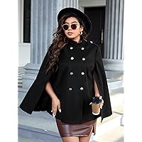 OVEXA Women's Large Size Fashion Casual Winte Plus Double Breasted Cloak Sleeve Overcoat Leisure Comfortable Fashion Special Novelty (Color : Black, Size : 3X-Large)