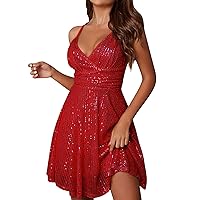 Dress Swimsuits for Women,Sparkly Sequin Homecoming Dresses for Teens Short Spaghetti Strap Cowl Neck Prom Semi
