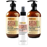 PURE NATURE Moroccan Argan Oil Shampoo and Conditioner Set and Moroccan Argan Oil Heat Protectant Spray for Hair with Keratin