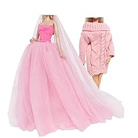 BJDBUS 11.5 inch Girl Doll Clothes Purple Wedding Dress with Veil & Winter Turtleneck Sweater Clothes ( Pink )