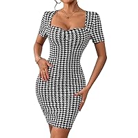 Houndstooth Print Sweetheart Neck Bodycon Dress