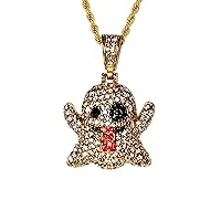 Men Women 925 14k Gold Finish Iced Micropave Cartoon Character Ghost Snapp Emoji Charm Necklace Ice Out Pendant Stainless Steel Real 2 mm Rope Chain Necklace, CZ Diamond Emoji Pendant
