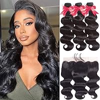 Bundles with Frontal Human Hair Body Wave Bundles with 13×4 Ear to Ear Frontal (20 22 24+20 inch) 100% Brazilian Virgin Human Hair Body Wave 3 Bundles with Lace Frontal Free Part 150% Density