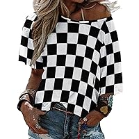 Black White Race Checkered Flag Pattern Womens Tops Sexy Off Shoulder Shirts Casual Short Sleeve T-Shirt