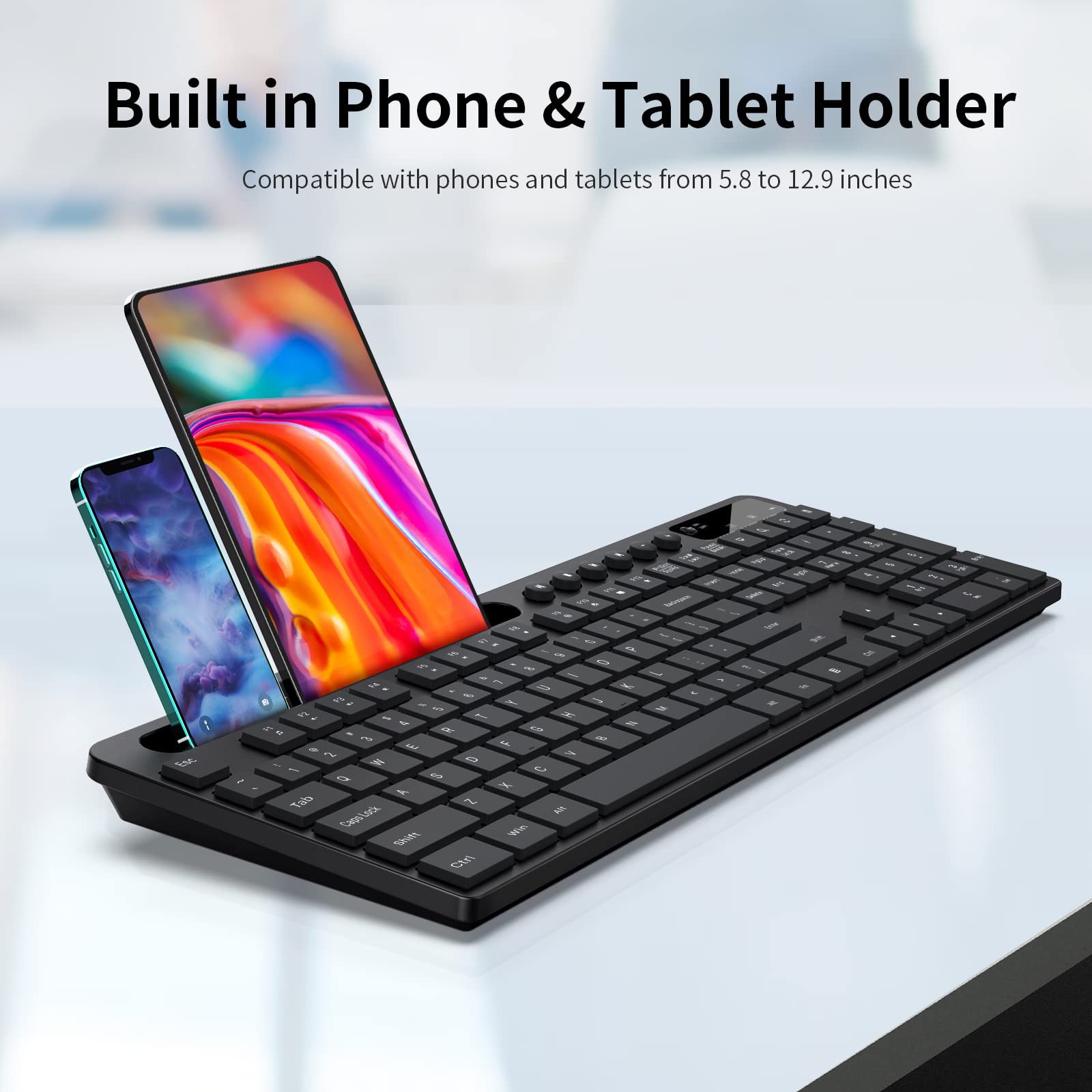 Wireless Keyboard and Mouse Combo, MARVO 2.4G Ergonomic Wireless Computer Keyboard with Phone Tablet Holder, Silent Mouse with 6 Button, Compatible with MacBook, Windows (Black)