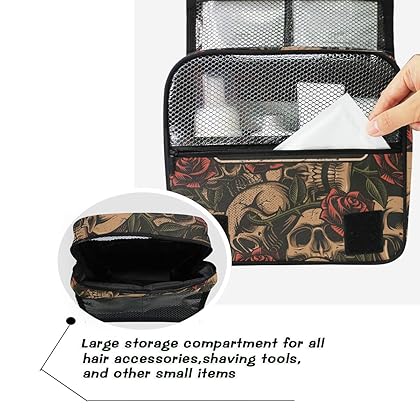 ALAZA Skull With Rose Vintage Travel Toiletry Bag Hanging Multifunction Cosmetic Case Portable Makeup Pouch Organizer with Hook