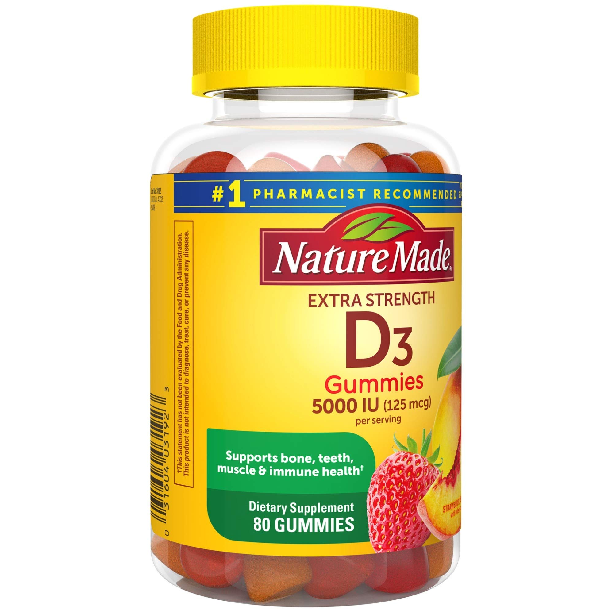 Nature Made Extra Strength Vitamin D3 5000 IU (125 mcg) per serving, Dietary Supplement for Bone, Teeth, Muscle and Immune Health Support, 80 Gummies, 40 Day Supply, 80 Count (Pack of 1)
