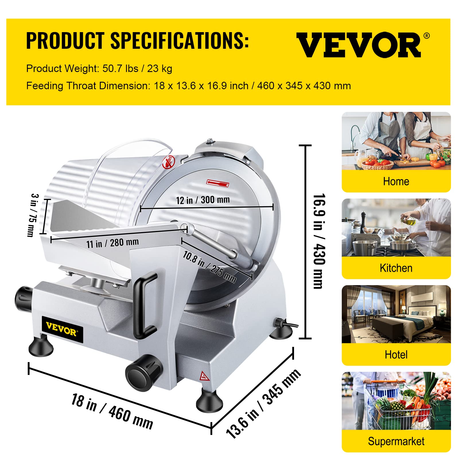VEVOR Commercial Meat Slicer, 12 inch Electric Food Slicer, Semi-Auto 350W Stainless Steel Deli Meat Slicer, Adjustable Thickness for Meat,Cheese,Veggies Ham Fruit