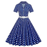 Women's 1950s Vintage Dress Polka Dot Short Sleeve Swing Cocktail Dresses Belted Button Collar V Neck Tea Party Dress