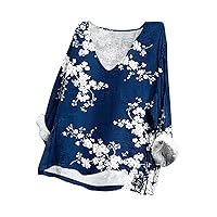 Women's Scoop Neck Floral Shirts Summer Casual Long Sleeve Plus Size Tee Tops Oversized Fashion Streetwear Blouses