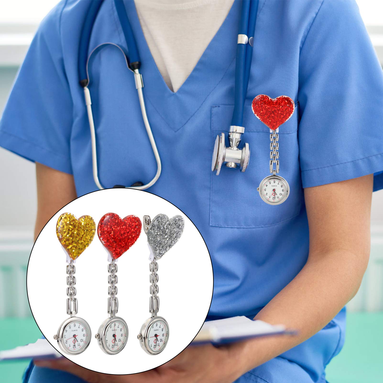 Hemobllo Nurse Watch, 3 Pcs Clip on Watch Nurse Fob Watch Quartz Movement Nursing Watch Glittering Heart Shaped Badge Pocket Watch Lapel Watch for Nurses Doctors