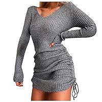 XJYIOEWT Short Dresses for Women 2024 Party,Women's Slim Dress Knitted V Neck Solid Color Ruched Stretch Side Drawstring