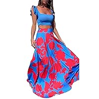 Womens Summer Sexy 2 Pieces Outfits Ruffle Floral Tank Top Wrap Boho Tropical Long Skirt Set Clubwear Dresses