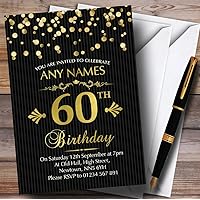 Gold Confetti Black Striped 60th Personalized Birthday Party Invitations