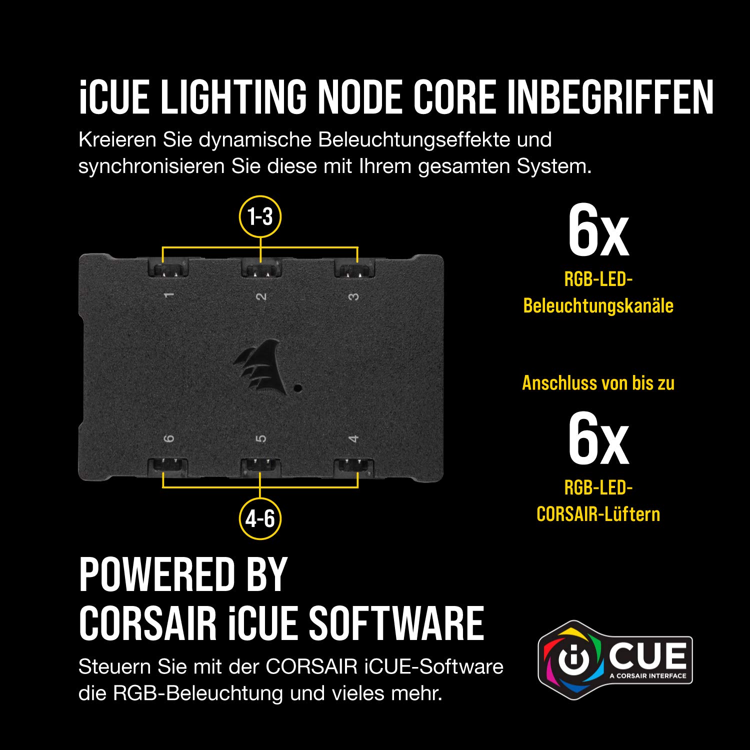 Corsair iCUE QL140 RGB, 140-mm-RGB-LED-PWM-Lüfter (68 Einzeln Ansteuerbare RGB-LEDs, Schwindigkeiten Bis zu 1,250 U/Min, Geräuscharm) 2er-Pack mit Lighting Node Core - schwarz
