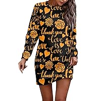 Women's Valentines Outfits Long Sleeve Dress Casual Christmas Printed Pullover Hip Pack Dress Sweater, S-3XL