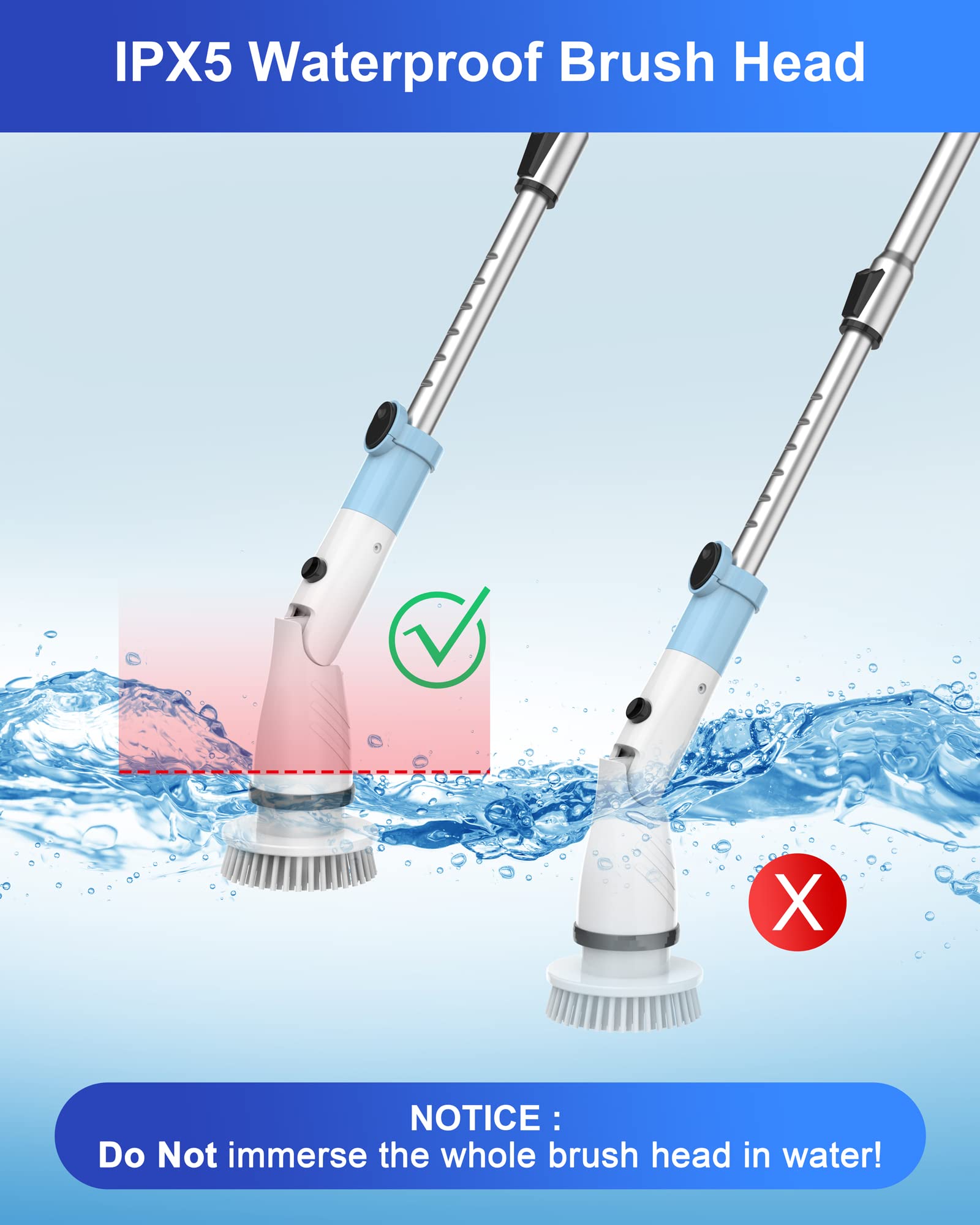 TASVAC Electric Spin Scrubber, 450RPM Cordless Shower Brush with 5 Replaceable Cleaning Heads and Adjustable Extension Arm, 1.5H Power Bathroom Scrubber for Bathtub, Grout, Tile, Floor, Wall, Sink
