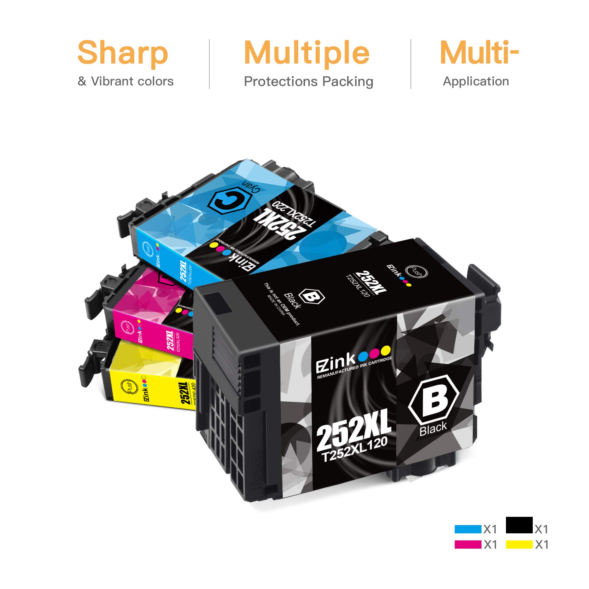 E-Z Ink (TM Remanufactured Ink Cartridge Replacement for Epson 252XL 252 XL T252XL120 to use with Workforce WF-7110 WF-7720 WF-7710 WF-3620 WF-3640 (1 Large Black, 1 Cyan, 1 Magenta, 1 Yellow) 4 Pack