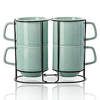 Stackable Coffee Mugs with Rack : 13 oz Stacking Ceramic Coffee Cups with Stand - Porcelain Stacked Tea Mugs Set of 4 (Mint Green)