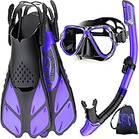 Zenoplige Mask Fins Snorkel Set, Snorkeling Gear for Adults, Panoramic View Snorkel Mask Anti-Fog, Adjustable Dive Flippers, Dry Top Snorkel and Travel Bag, Scuba Gear for Swimming Snorkeling Diving