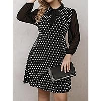 Plus Women's Dress Plus Polka Dot Tie Neck Puff Sleeve -line Dress (Color : Black and White, Size : XX-Large)