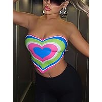 Women's Tops Women's Shirts Sexy Tops for Women Rave Heart Print Bandana Hem Crop Tube Top (Color : Multicolor, Size : X-Small)
