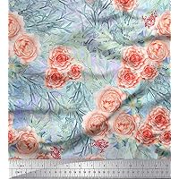 Soimoi Velvet Fabric Leaves & Denmark Rose Flower Print Fabric by The Yard 58 Inch Wide