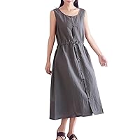 Women's Loose Long Midi Summer Dress Cotton Linen Dresses with Belt