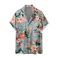 Mens Hawaiian Shirts Tropical Printed Turndown Collar Short Sleeve Tops Loose Fit Button Down Beach Shirt with Pocket