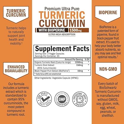 Turmeric Curcumin with BioPerine 1500mg - Natural Joint Support with 95% Standardized Curcuminoids & Black Pepper Extract for Ultra High Absorption & Potency - Non GMO - Gluten Free - 90 Capsules